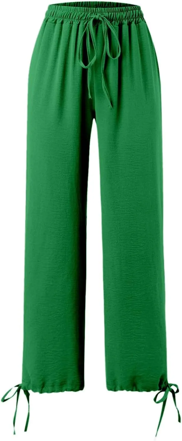 Womens Wide Leg Pants Drawstring 2025 Baggy Y2K Summer Stretchy Boho Beach Pants Resort Wear Beach Trendy Palazzo Trousers