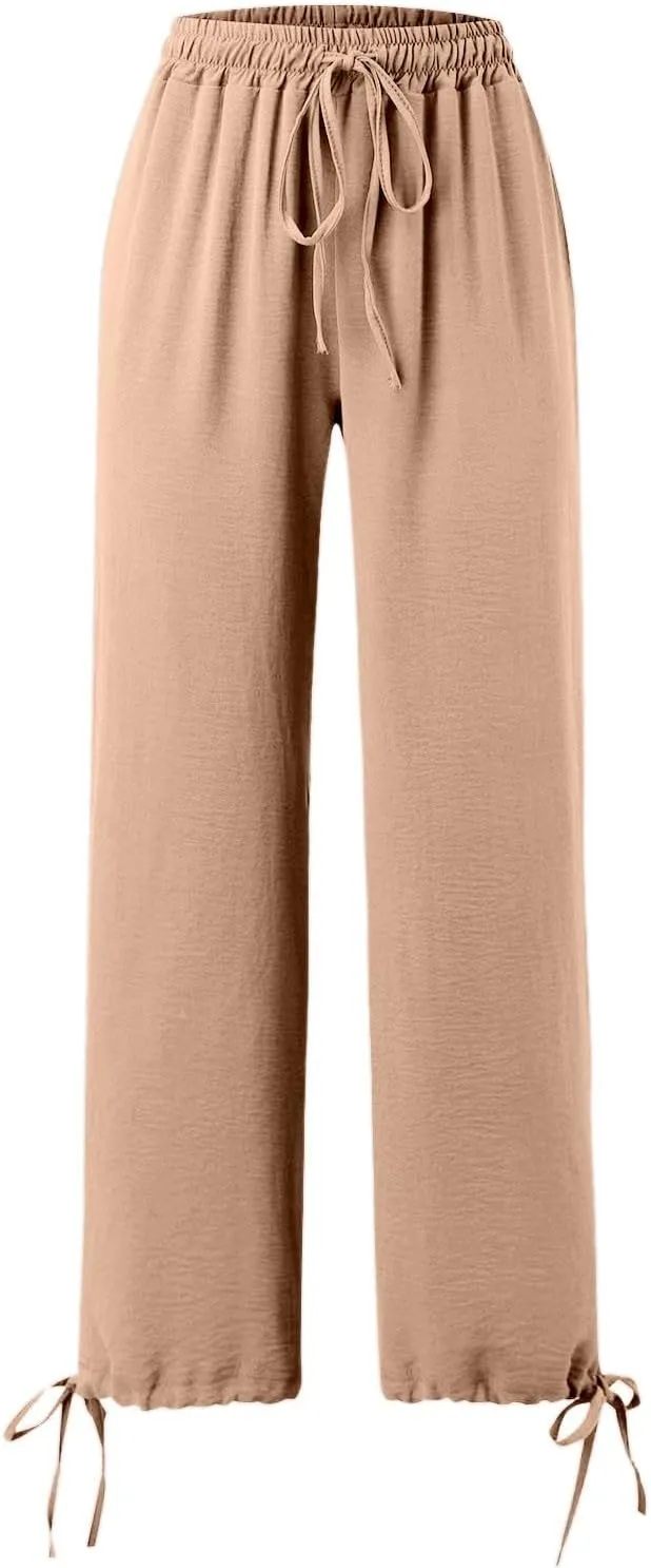 Womens Wide Leg Pants Drawstring 2025 Baggy Y2K Summer Stretchy Boho Beach Pants Resort Wear Beach Trendy Palazzo Trousers