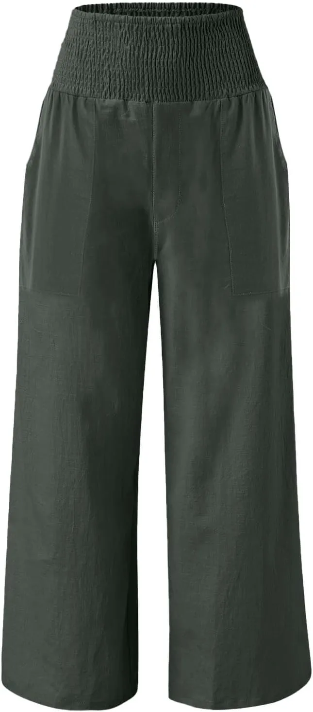 Women's Wide Leg Pants Summer Outfits Drawstring Elastic Waist Pants High Waisted Trousers Casual Beach