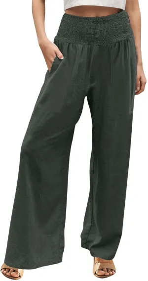 Women's Wide Leg Pants Summer Outfits Drawstring Elastic Waist Pants High Waisted Trousers Casual Beach
