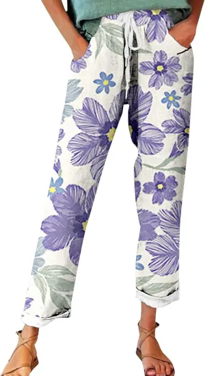 Women's Wide Leg Pants Summer Outfits Drawstring Elastic Waist Pants High Waisted Trousers Casual Beach