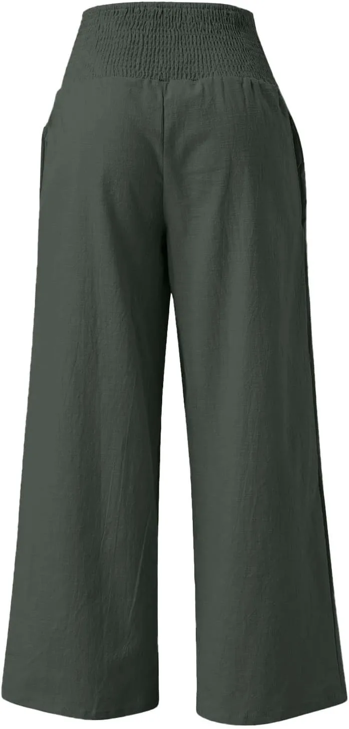 Women's Wide Leg Pants Summer Outfits Drawstring Elastic Waist Pants High Waisted Trousers Casual Beach