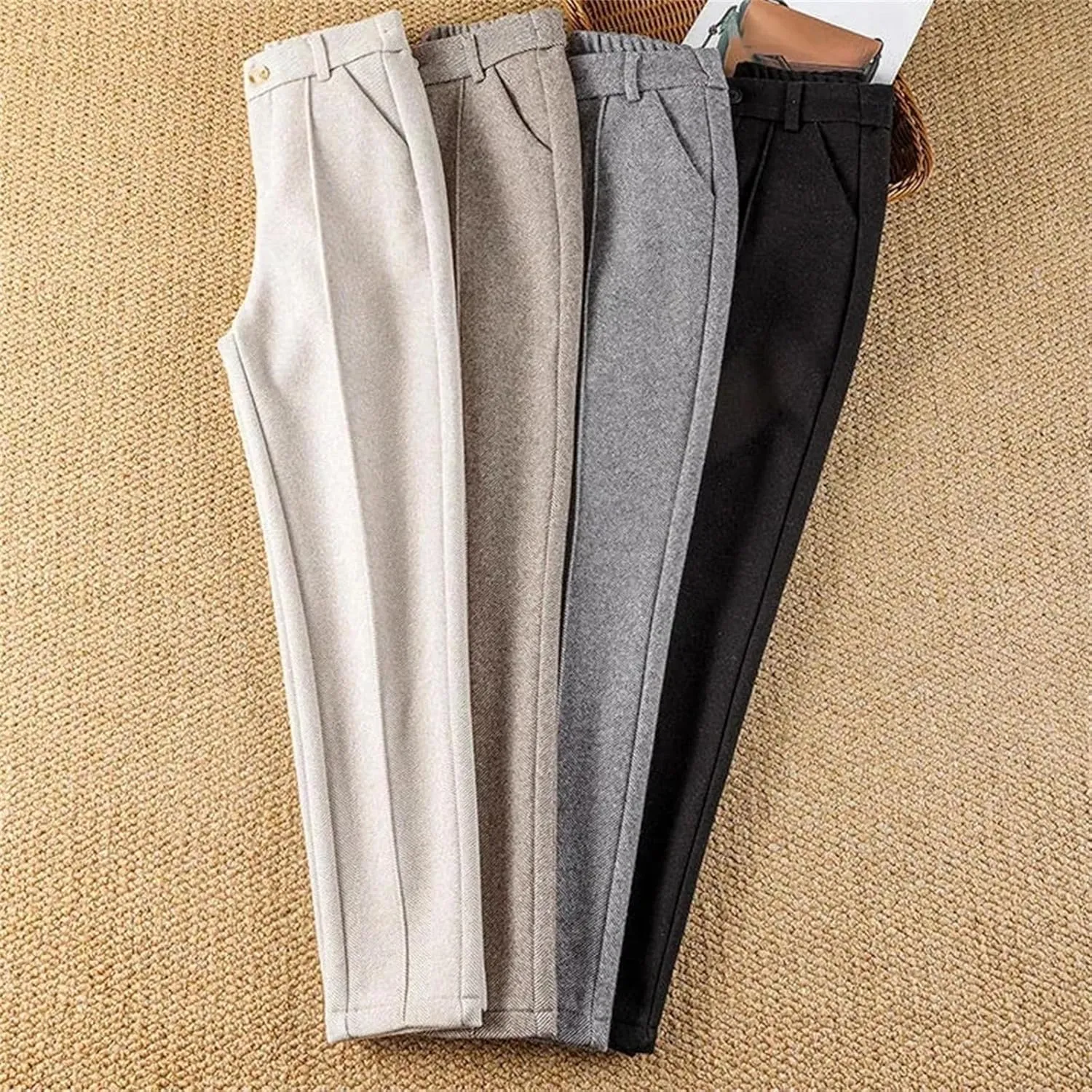 Women's Wool Knit Pants - High Waist Elastic Thick Casual Winter Soft Warm Trousers