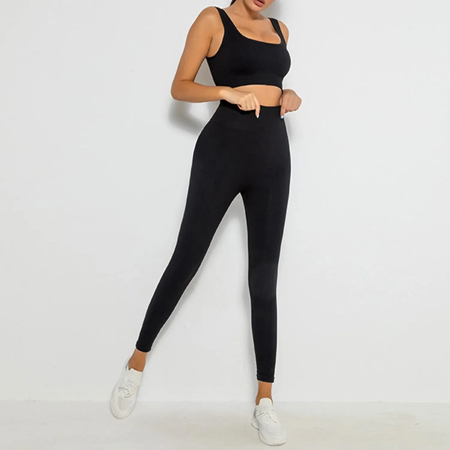 Workout Sets for Women 2 Piece Seamless Ribbed Crop Tank High Waist Shorts Yoga Outfits