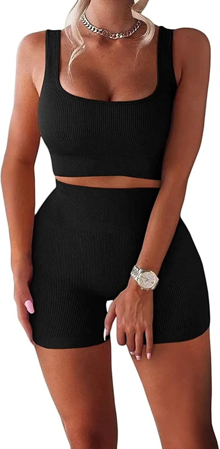 Workout Sets for Women 2 Piece Seamless Ribbed Crop Tank High Waist Shorts Yoga Outfits