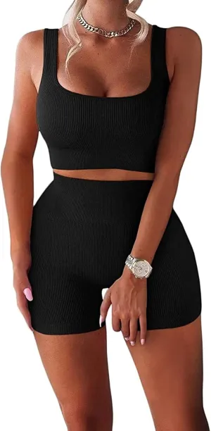 Workout Sets for Women 2 Piece Seamless Ribbed Crop Tank High Waist Shorts Yoga Outfits