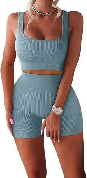 Workout Sets for Women 2 Piece Seamless Ribbed Crop Tank High Waist Shorts Yoga Outfits