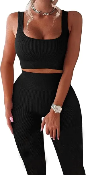Workout Sets for Women 2 Piece Seamless Ribbed Crop Tank High Waist Shorts Yoga Outfits