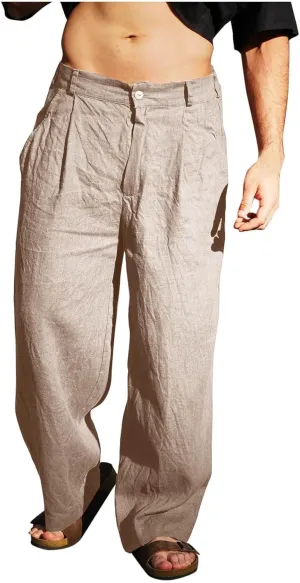 Xiaojmake Linen Pants for Men Casual Loose Fit Elastic Drawstring Waist Baggy Trousers Summer Straight Beach Pant Lightweight