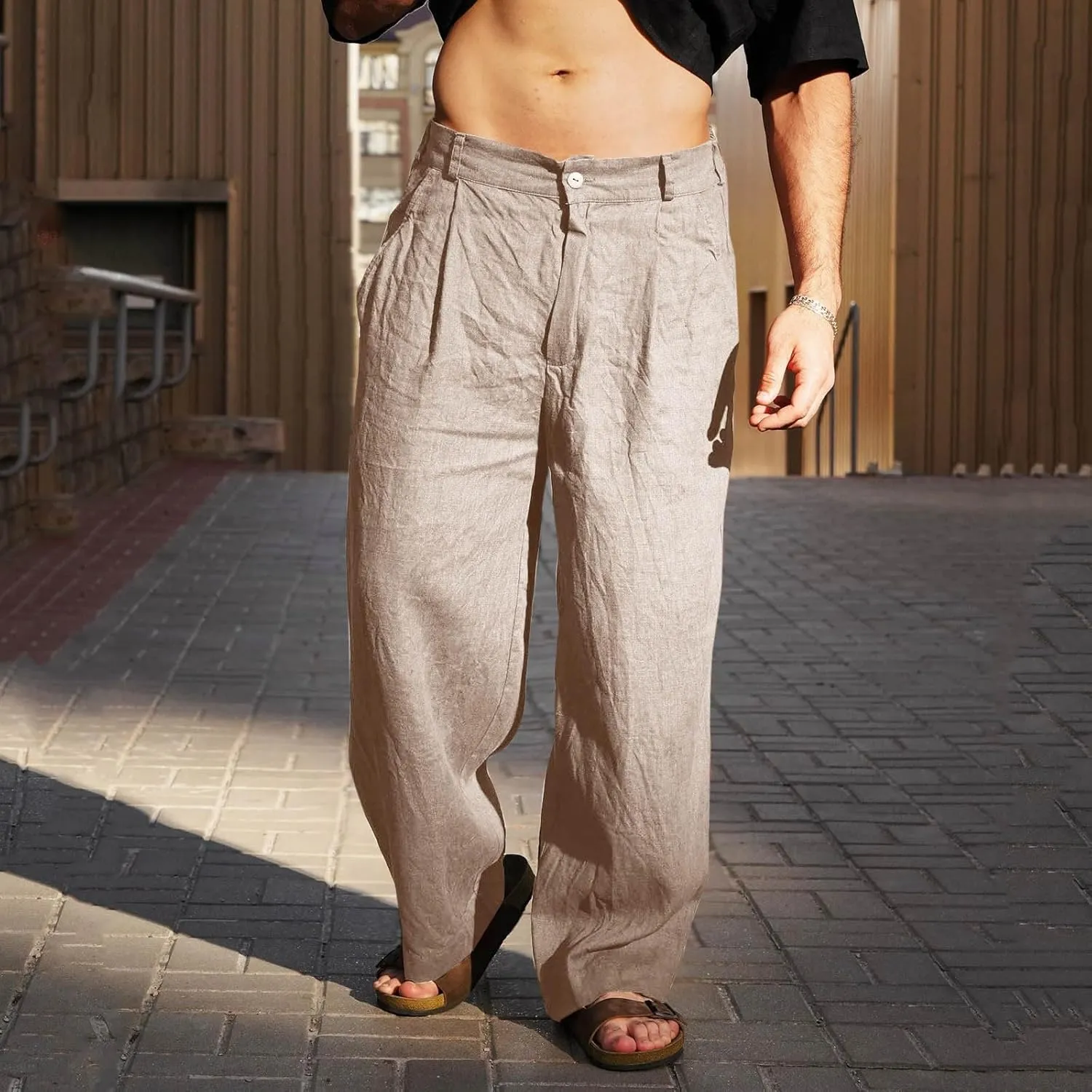 Xiaojmake Linen Pants for Men Casual Loose Fit Elastic Drawstring Waist Baggy Trousers Summer Straight Beach Pant Lightweight