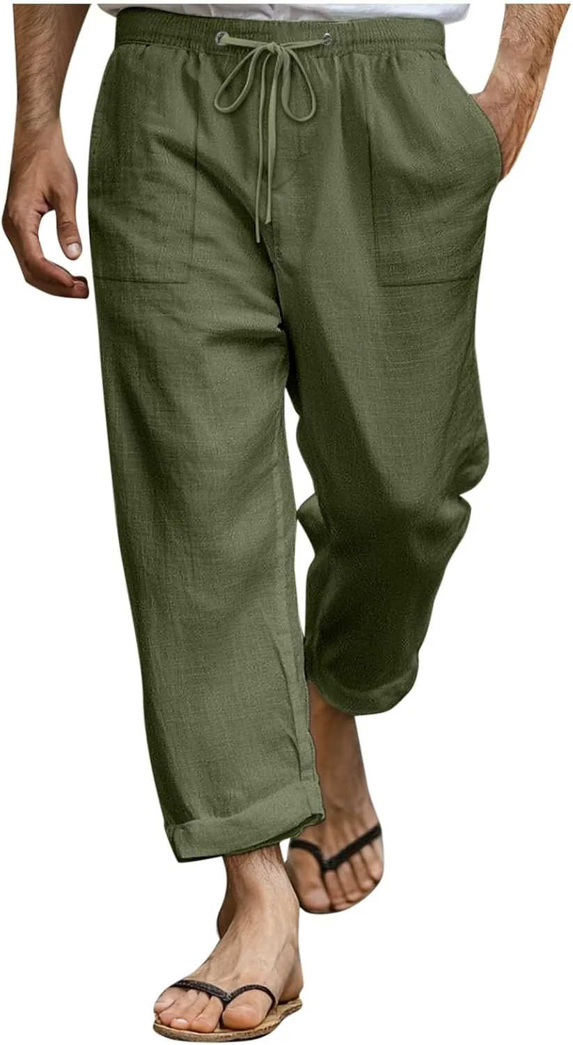 Xiaojmake Mens Cropped Elastic Waist Linen Pants Comfy Drawstring Slim with Pockets Daily Capris Pant Fashion Crop Trousers