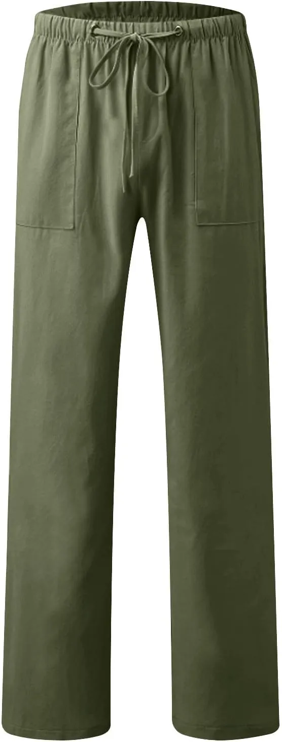 Xiaojmake Mens Cropped Elastic Waist Linen Pants Comfy Drawstring Slim with Pockets Daily Capris Pant Fashion Crop Trousers