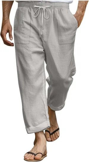 Xiaojmake Mens Cropped Elastic Waist Linen Pants Comfy Drawstring Slim with Pockets Daily Capris Pant Fashion Crop Trousers