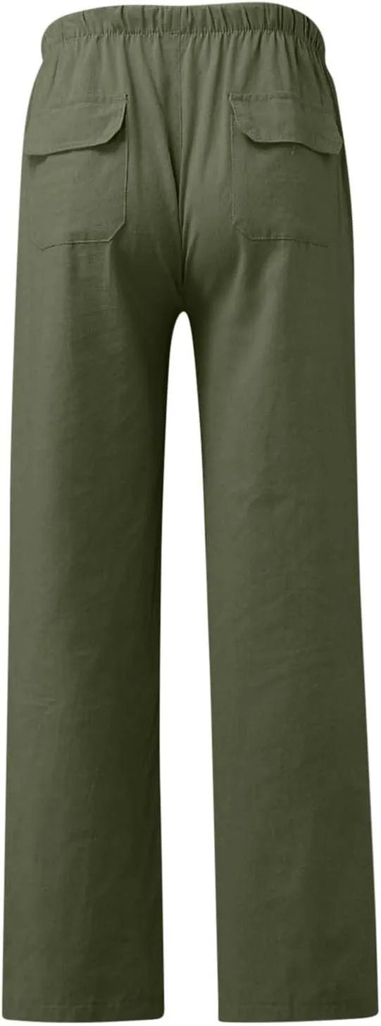 Xiaojmake Mens Cropped Elastic Waist Linen Pants Comfy Drawstring Slim with Pockets Daily Capris Pant Fashion Crop Trousers