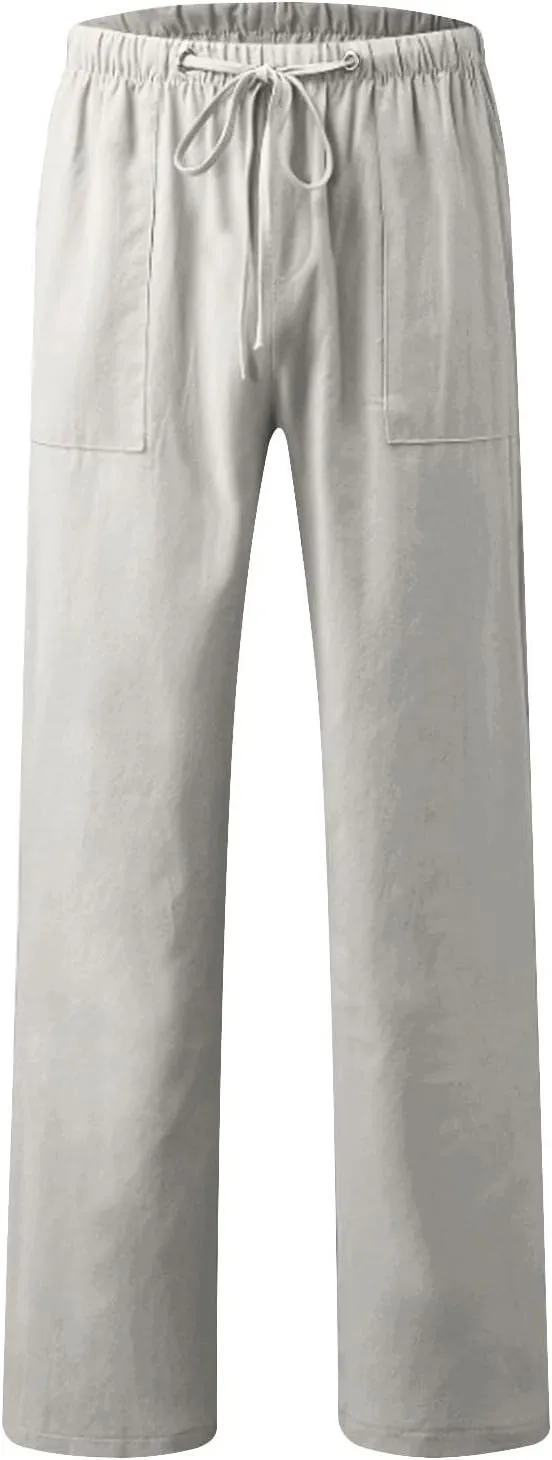 Xiaojmake Mens Cropped Elastic Waist Linen Pants Comfy Drawstring Slim with Pockets Daily Capris Pant Fashion Crop Trousers