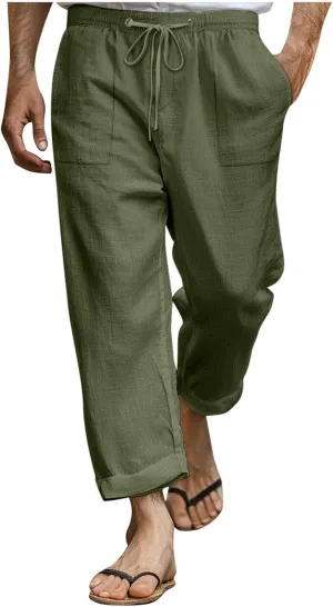 Xiaojmake Mens Cropped Elastic Waist Linen Pants Comfy Drawstring Slim with Pockets Daily Capris Pant Fashion Crop Trousers