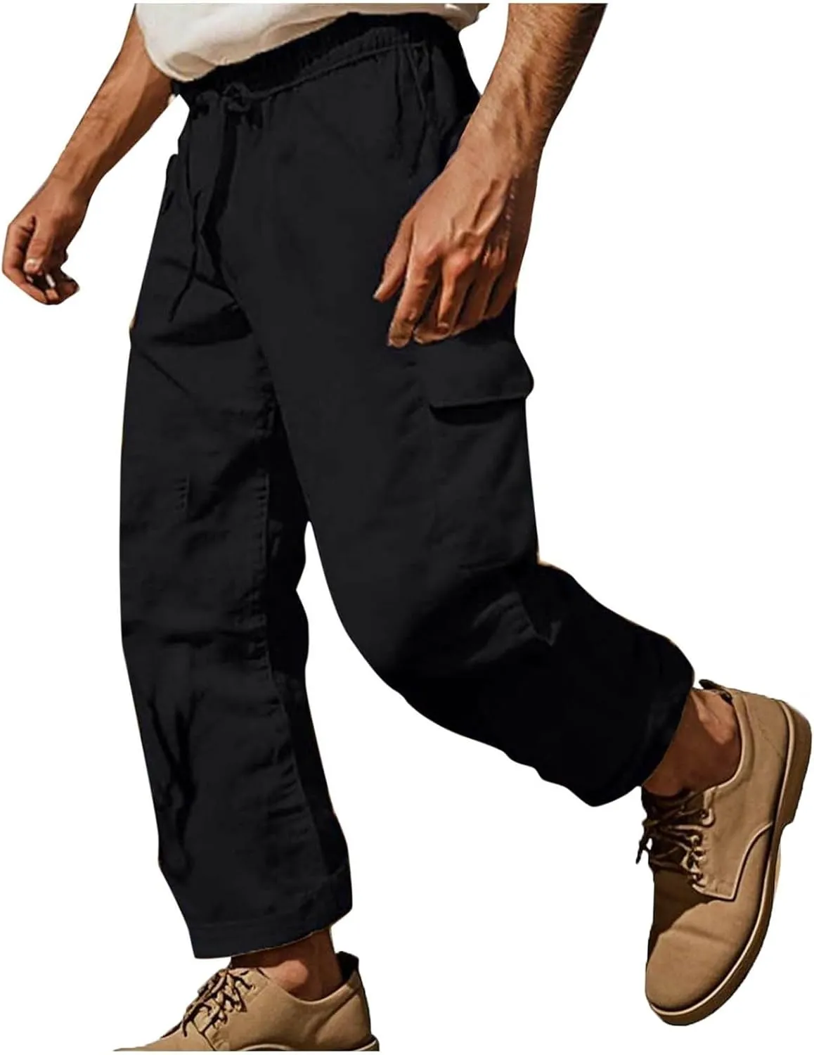 Xiaojmake Mens Linen Cargo Pants Drawstring Casual Hiking Pant Rolled Up Hem Athletic Trouser Cotton Loose Straight Sweatpant