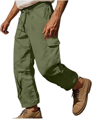 Xiaojmake Mens Linen Cargo Pants Drawstring Casual Hiking Pant Rolled Up Hem Athletic Trouser Cotton Loose Straight Sweatpant