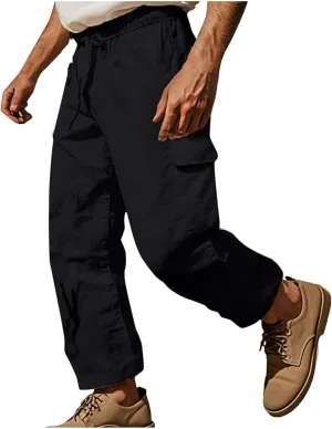 Xiaojmake Mens Linen Cargo Pants Drawstring Casual Hiking Pant Rolled Up Hem Athletic Trouser Cotton Loose Straight Sweatpant