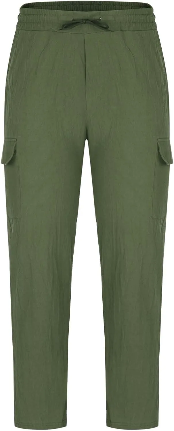 Xiaojmake Mens Linen Cargo Pants Drawstring Casual Hiking Pant Rolled Up Hem Athletic Trouser Cotton Loose Straight Sweatpant