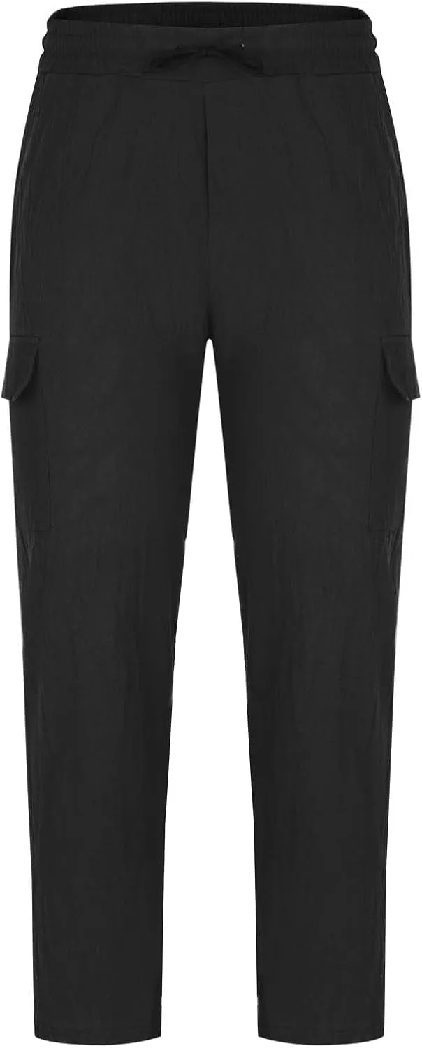 Xiaojmake Mens Linen Cargo Pants Drawstring Casual Hiking Pant Rolled Up Hem Athletic Trouser Cotton Loose Straight Sweatpant