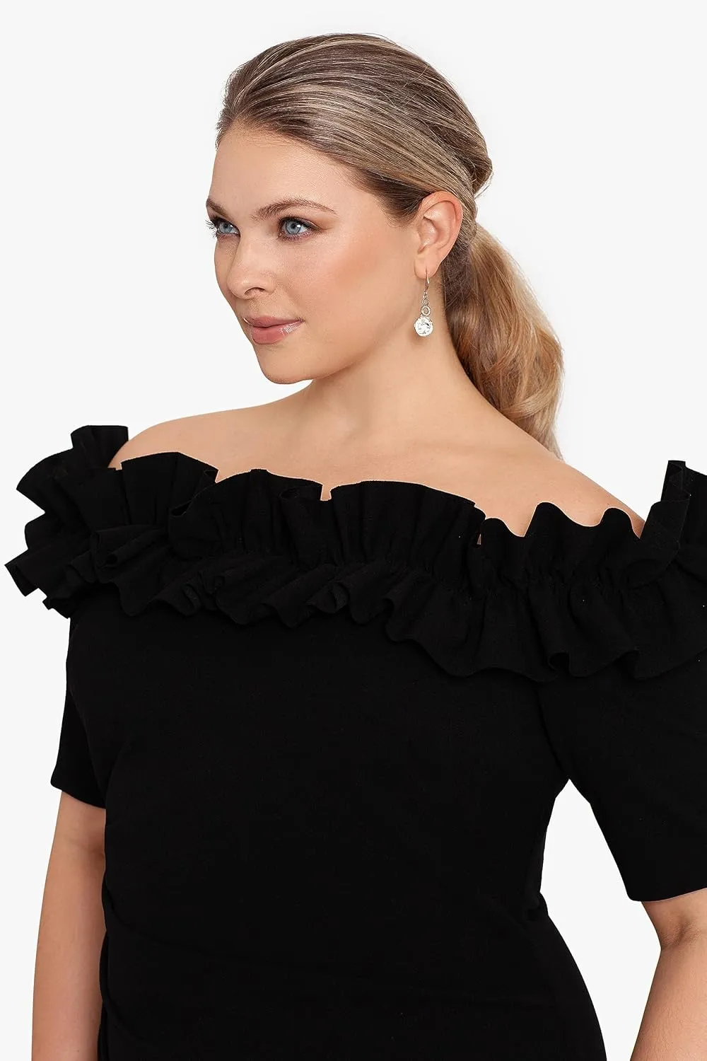 Xscape Women's Plus Size Knee Length Off The Shoulder Scuba Crepe Dress
