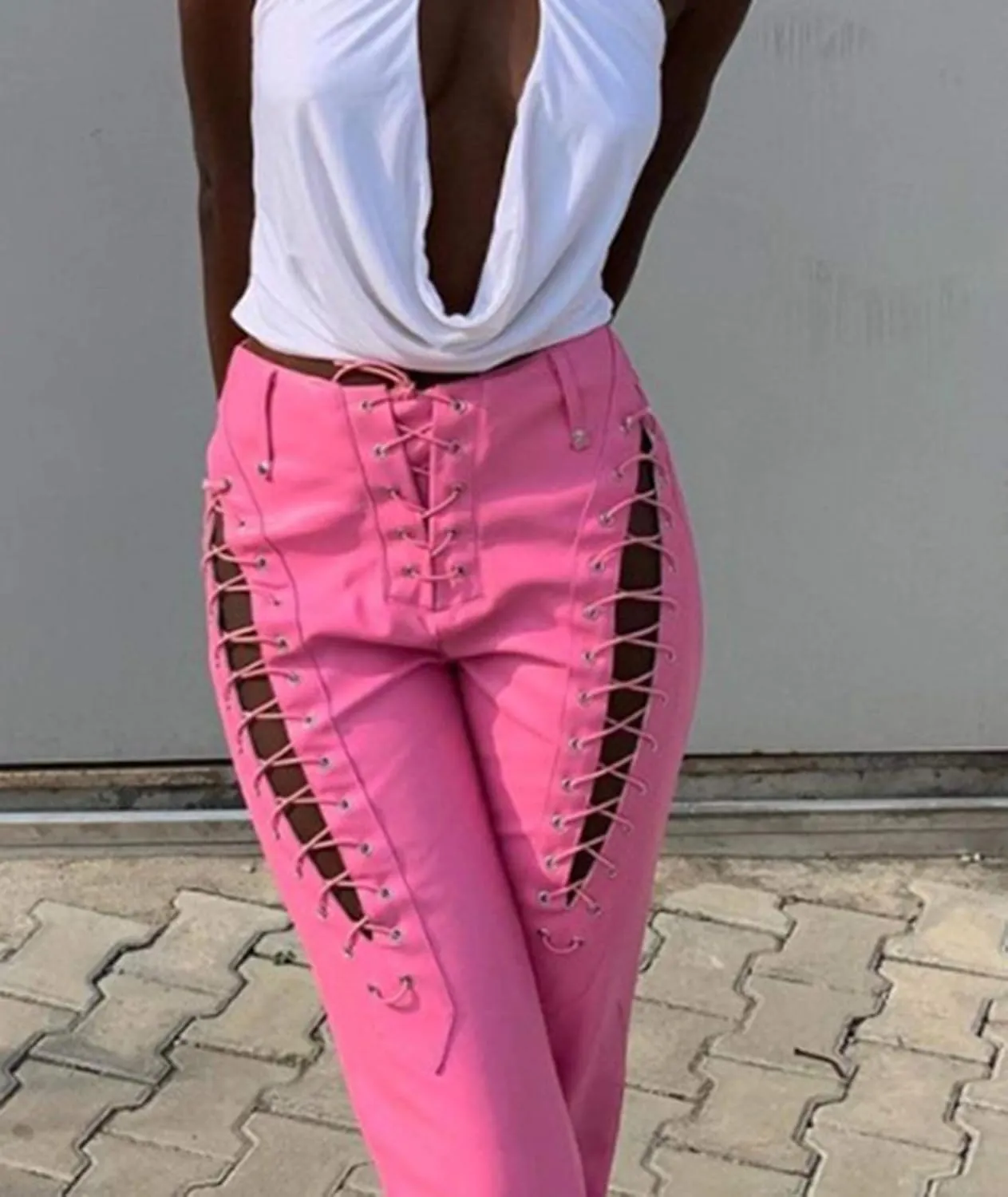xxxiticat Women's Lace Up PU Leather Pants Chic High Waist Hollow Out Drawstring Bandage Cut Out Faux Leather Trousers