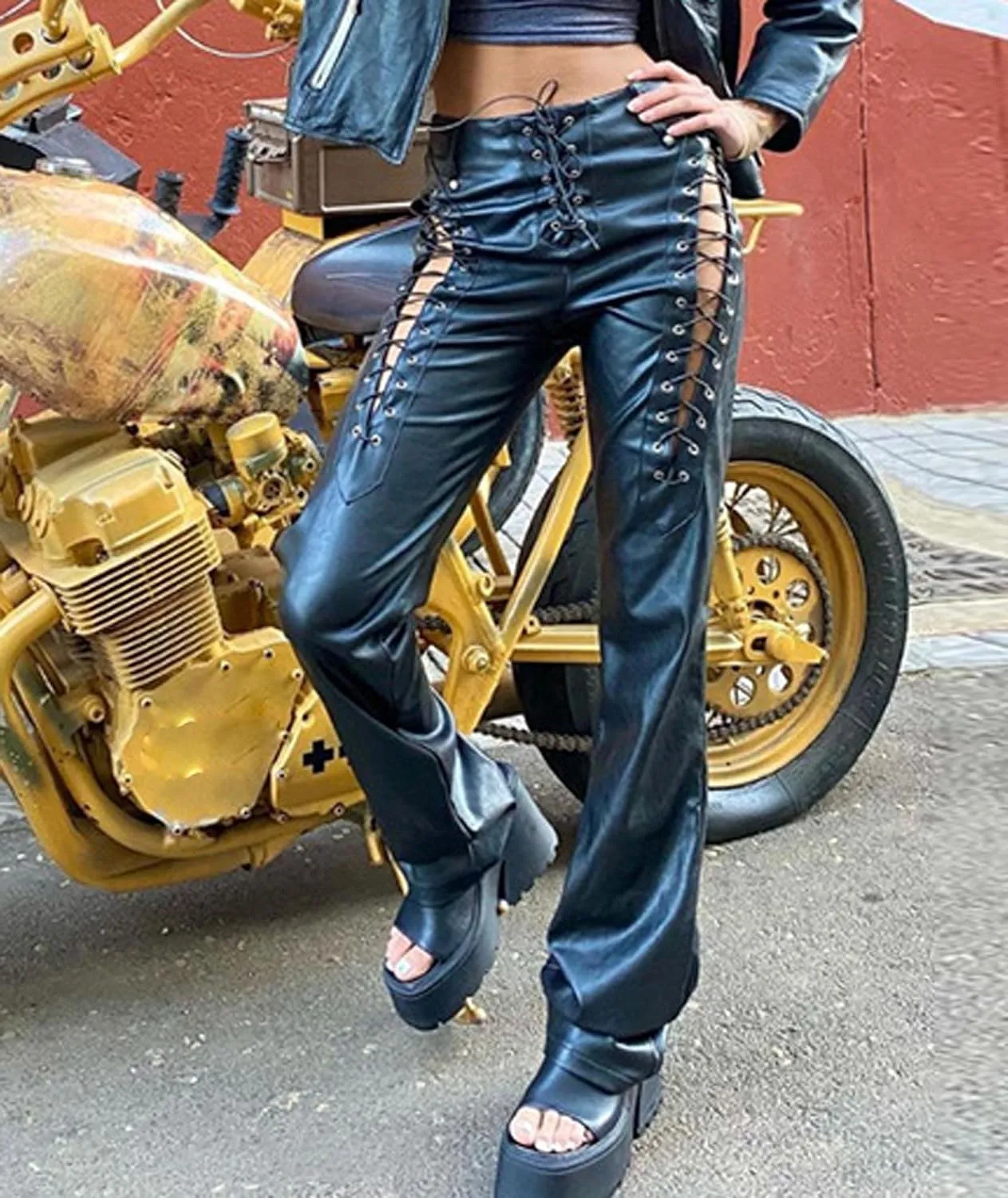 xxxiticat Women's Lace Up PU Leather Pants Chic High Waist Hollow Out Drawstring Bandage Cut Out Faux Leather Trousers