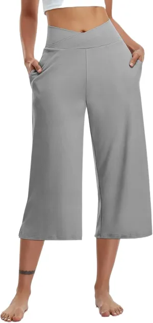 Yoga Pants for Women Fashion Crossover High Waist Capri Pants Lounge Wide Leg Cropped Pant Tummy Control Workout Trouser