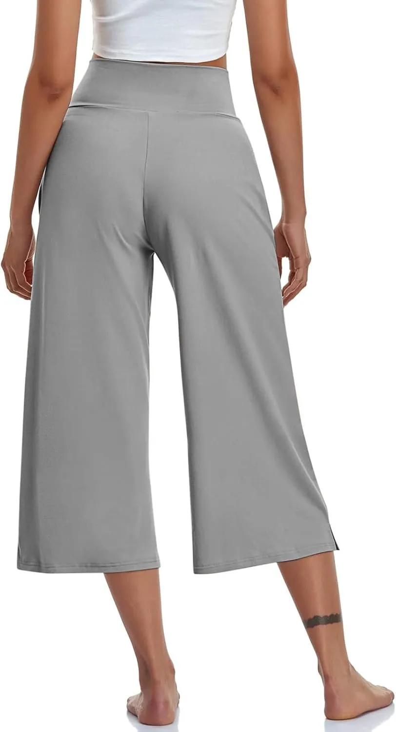 Yoga Pants for Women Fashion Crossover High Waist Capri Pants Lounge Wide Leg Cropped Pant Tummy Control Workout Trouser
