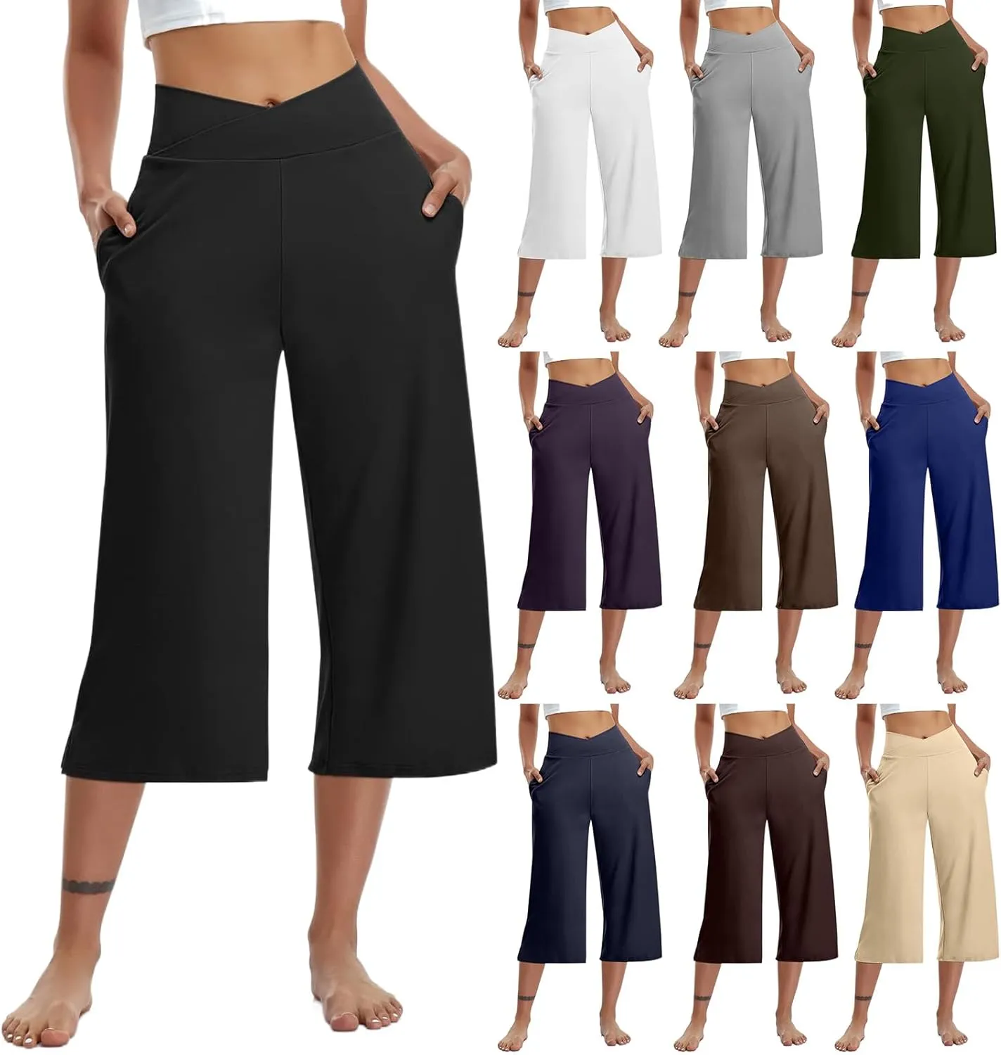 Yoga Pants for Women Fashion Crossover High Waist Capri Pants Lounge Wide Leg Cropped Pant Tummy Control Workout Trouser