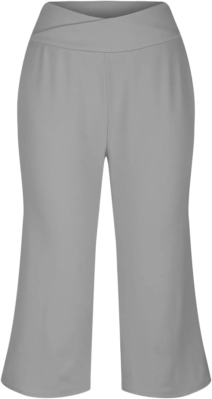 Yoga Pants for Women Fashion Crossover High Waist Capri Pants Lounge Wide Leg Cropped Pant Tummy Control Workout Trouser