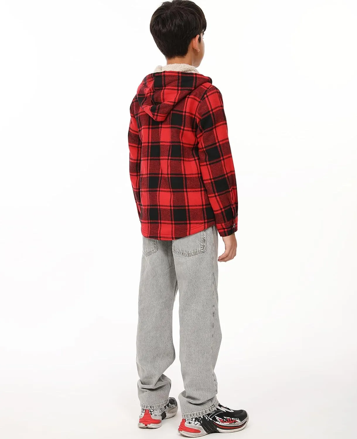 ZENTHACE Boys Sherpa Lined Full Zip Flannel Plaid Shirt Jacket,Cozy Hooded Flannel Shirt with Hand Pockets