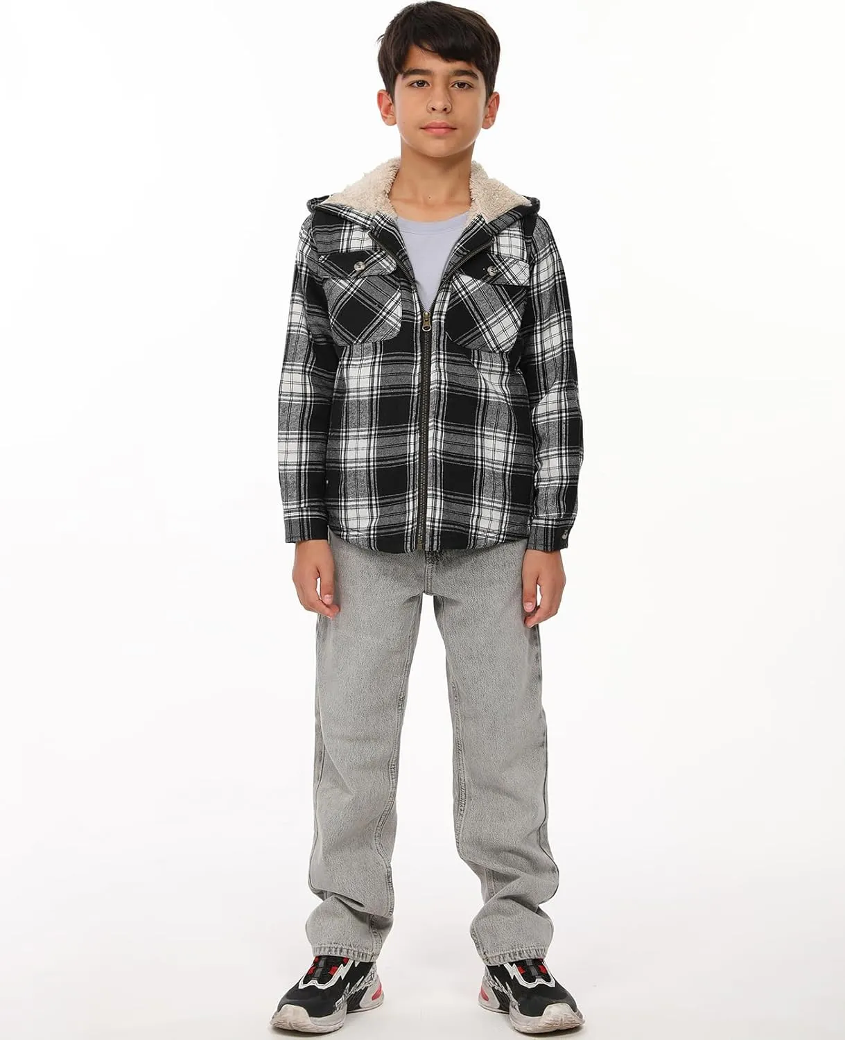 ZENTHACE Boys Sherpa Lined Full Zip Flannel Plaid Shirt Jacket,Cozy Hooded Flannel Shirt with Hand Pockets