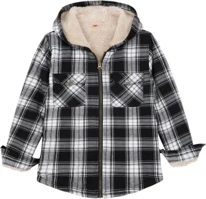 ZENTHACE Boys Sherpa Lined Full Zip Flannel Plaid Shirt Jacket,Cozy Hooded Flannel Shirt with Hand Pockets
