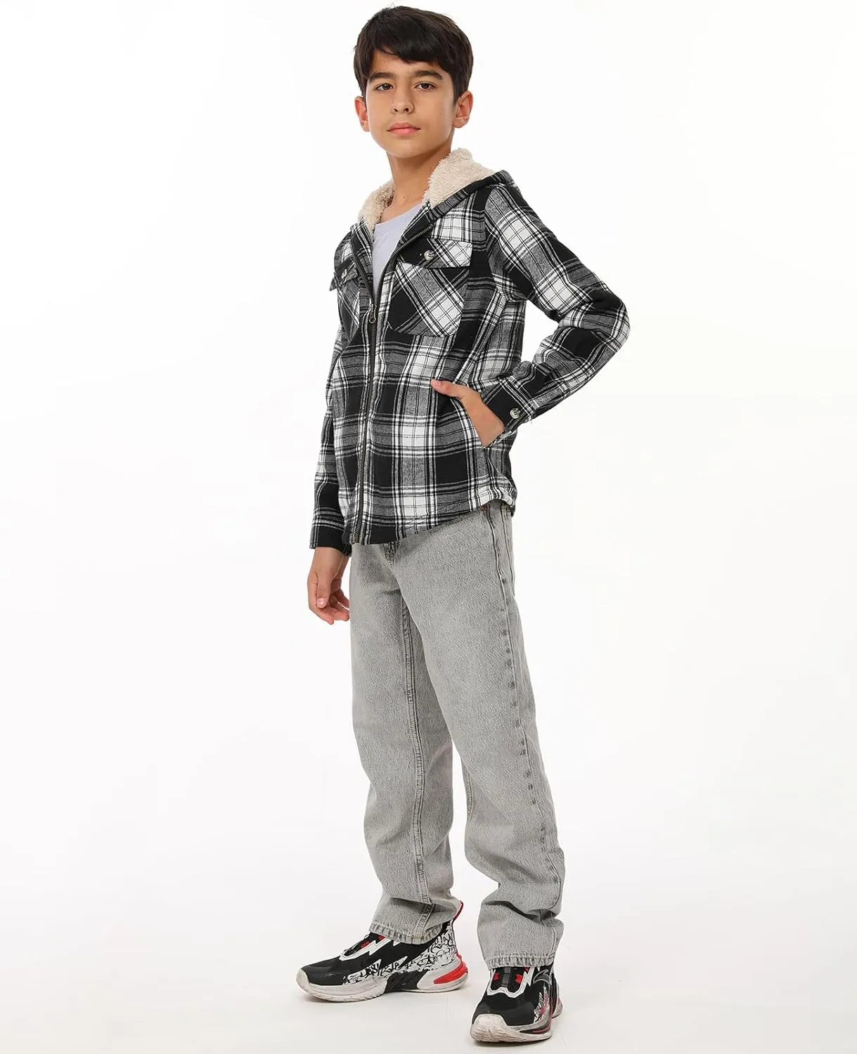 ZENTHACE Boys Sherpa Lined Full Zip Flannel Plaid Shirt Jacket,Cozy Hooded Flannel Shirt with Hand Pockets