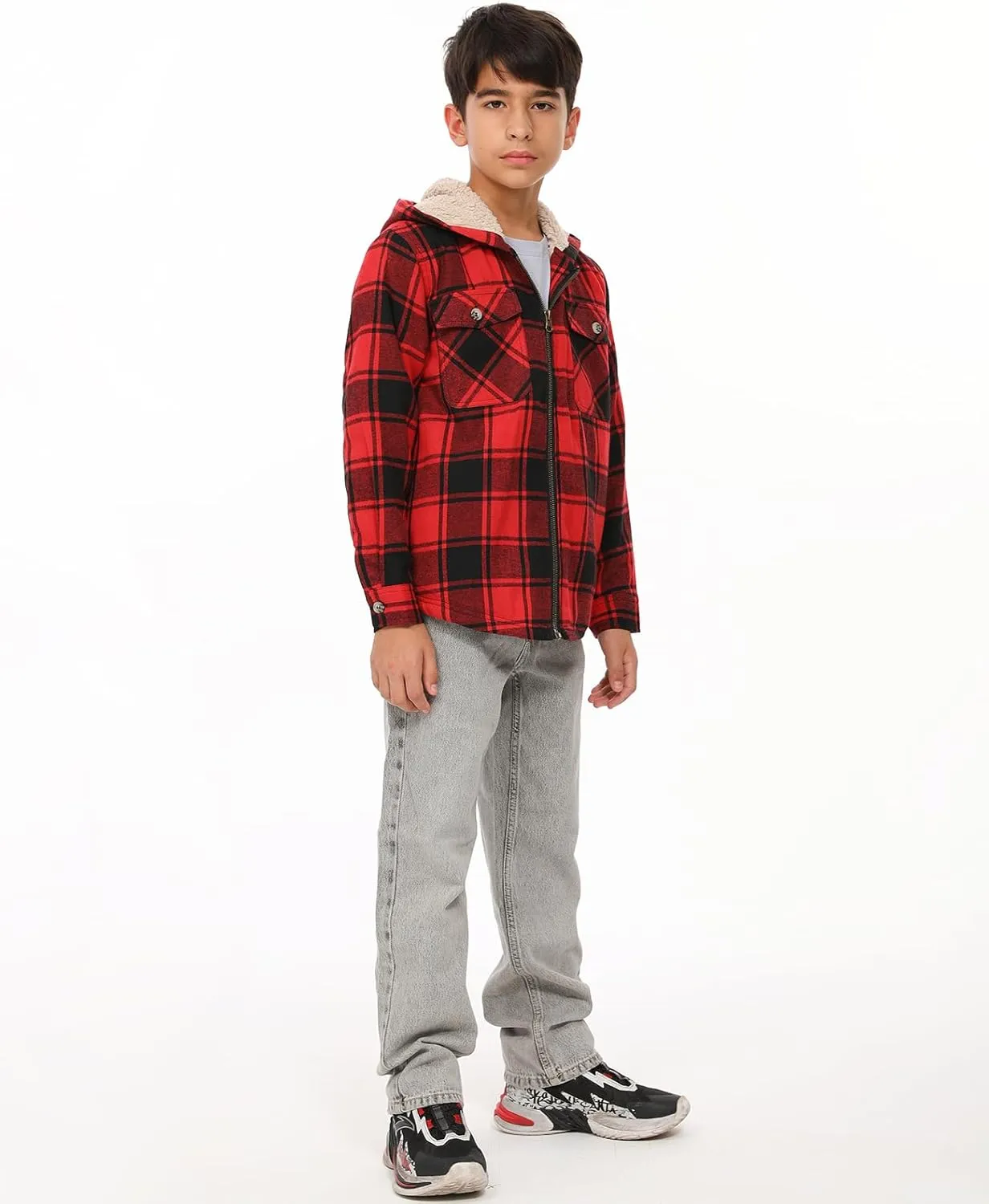 ZENTHACE Boys Sherpa Lined Full Zip Flannel Plaid Shirt Jacket,Cozy Hooded Flannel Shirt with Hand Pockets