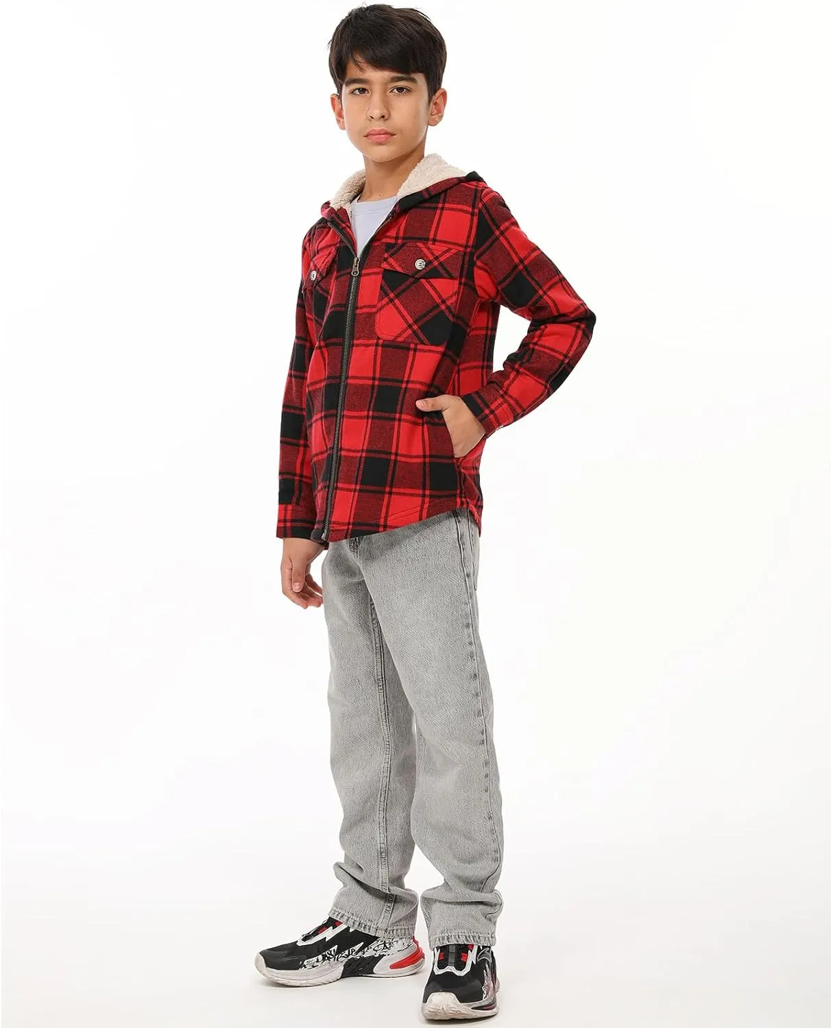 ZENTHACE Boys Sherpa Lined Full Zip Flannel Plaid Shirt Jacket,Cozy Hooded Flannel Shirt with Hand Pockets