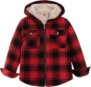 ZENTHACE Boys Sherpa Lined Full Zip Flannel Plaid Shirt Jacket,Cozy Hooded Flannel Shirt with Hand Pockets