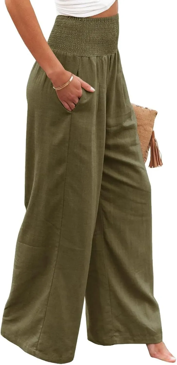 ZWRXW Linen Pants for Women 2024 Summer Wide Leg High Waist Palazzo Lounge Pants Beach Work Boho Casual Trousers with Pockets