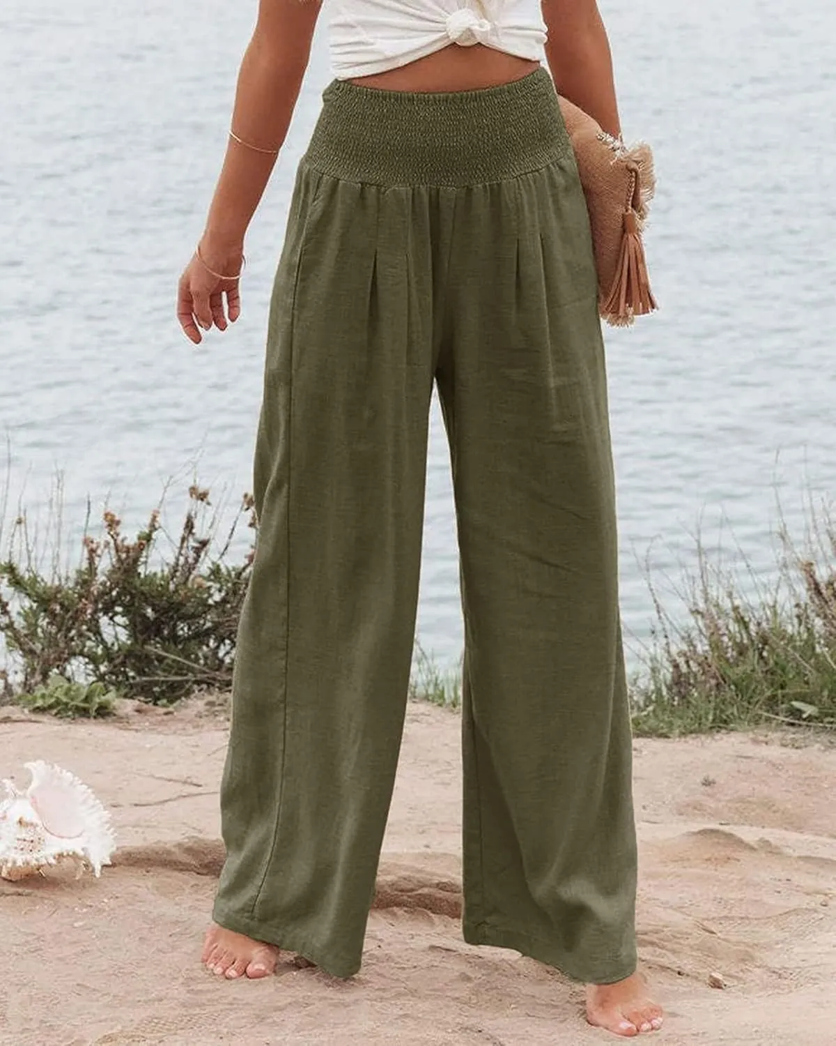 ZWRXW Linen Pants for Women 2024 Summer Wide Leg High Waist Palazzo Lounge Pants Beach Work Boho Casual Trousers with Pockets