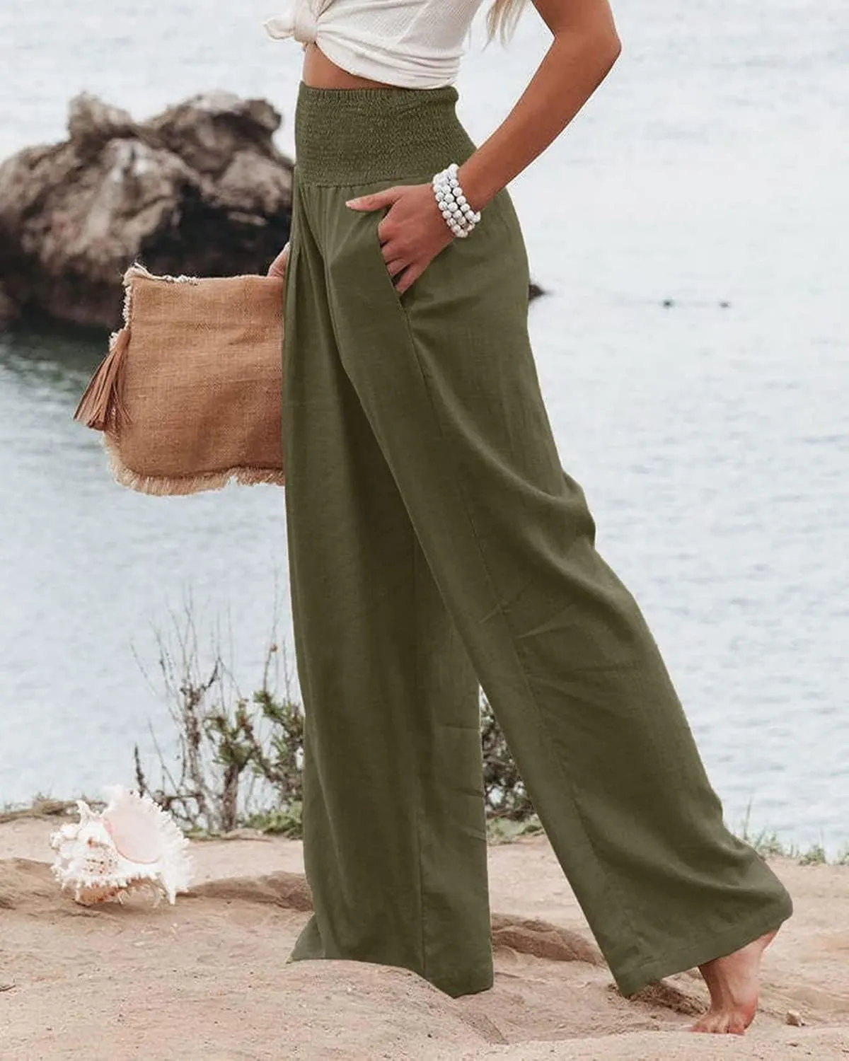 ZWRXW Linen Pants for Women 2024 Summer Wide Leg High Waist Palazzo Lounge Pants Beach Work Boho Casual Trousers with Pockets