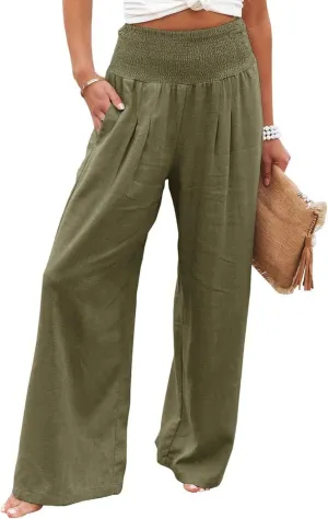 ZWRXW Linen Pants for Women 2024 Summer Wide Leg High Waist Palazzo Lounge Pants Beach Work Boho Casual Trousers with Pockets