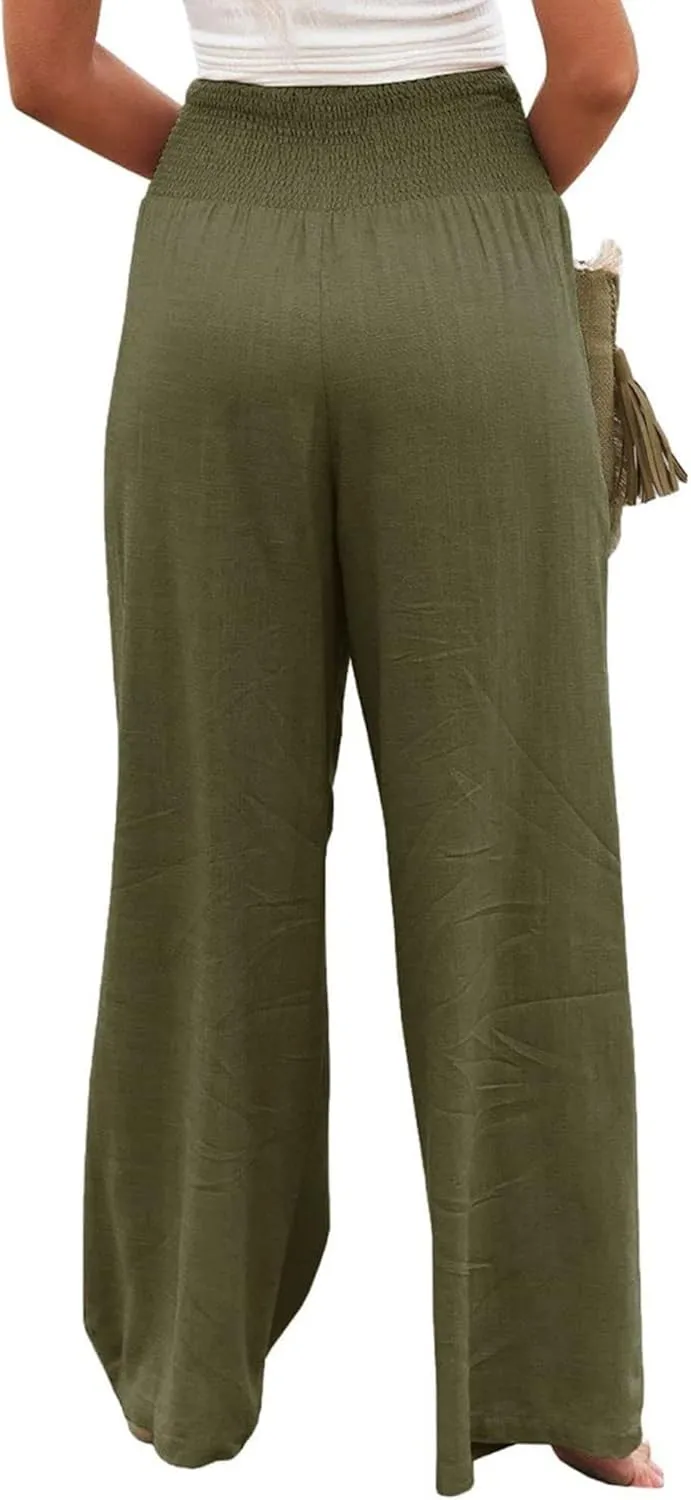 ZWRXW Linen Pants for Women 2024 Summer Wide Leg High Waist Palazzo Lounge Pants Beach Work Boho Casual Trousers with Pockets