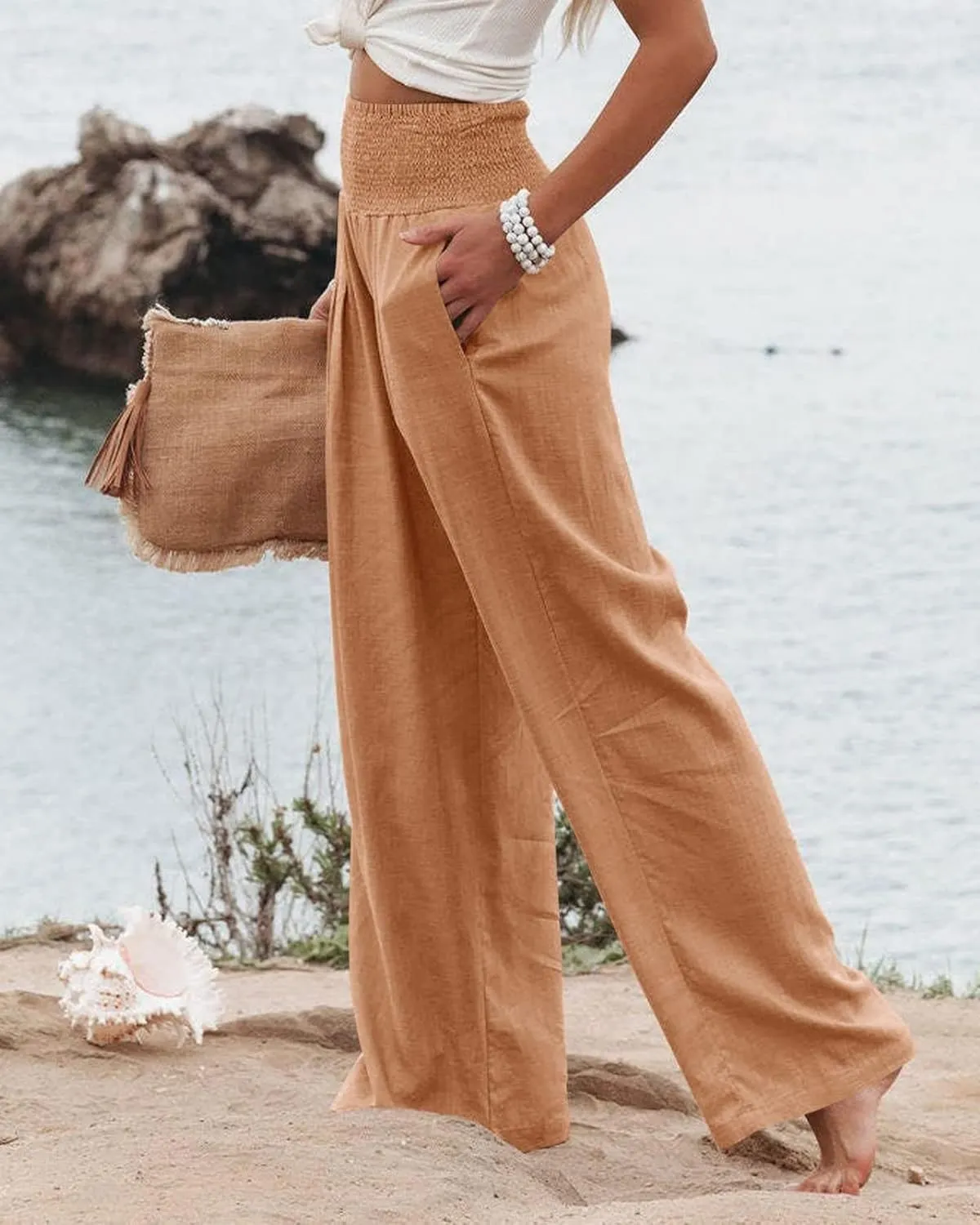 ZWRXW Womens Linen Wide Leg Pants High Waisted Palazzo Lounge Pant 2024 Summer Beach Work Boho Casual Trousers with Pockets
