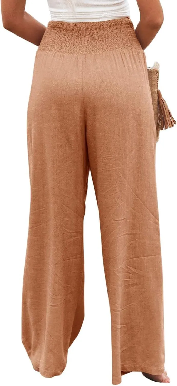 ZWRXW Womens Linen Wide Leg Pants High Waisted Palazzo Lounge Pant 2024 Summer Beach Work Boho Casual Trousers with Pockets