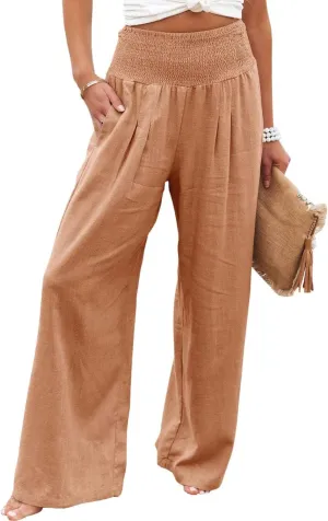 ZWRXW Womens Linen Wide Leg Pants High Waisted Palazzo Lounge Pant 2024 Summer Beach Work Boho Casual Trousers with Pockets