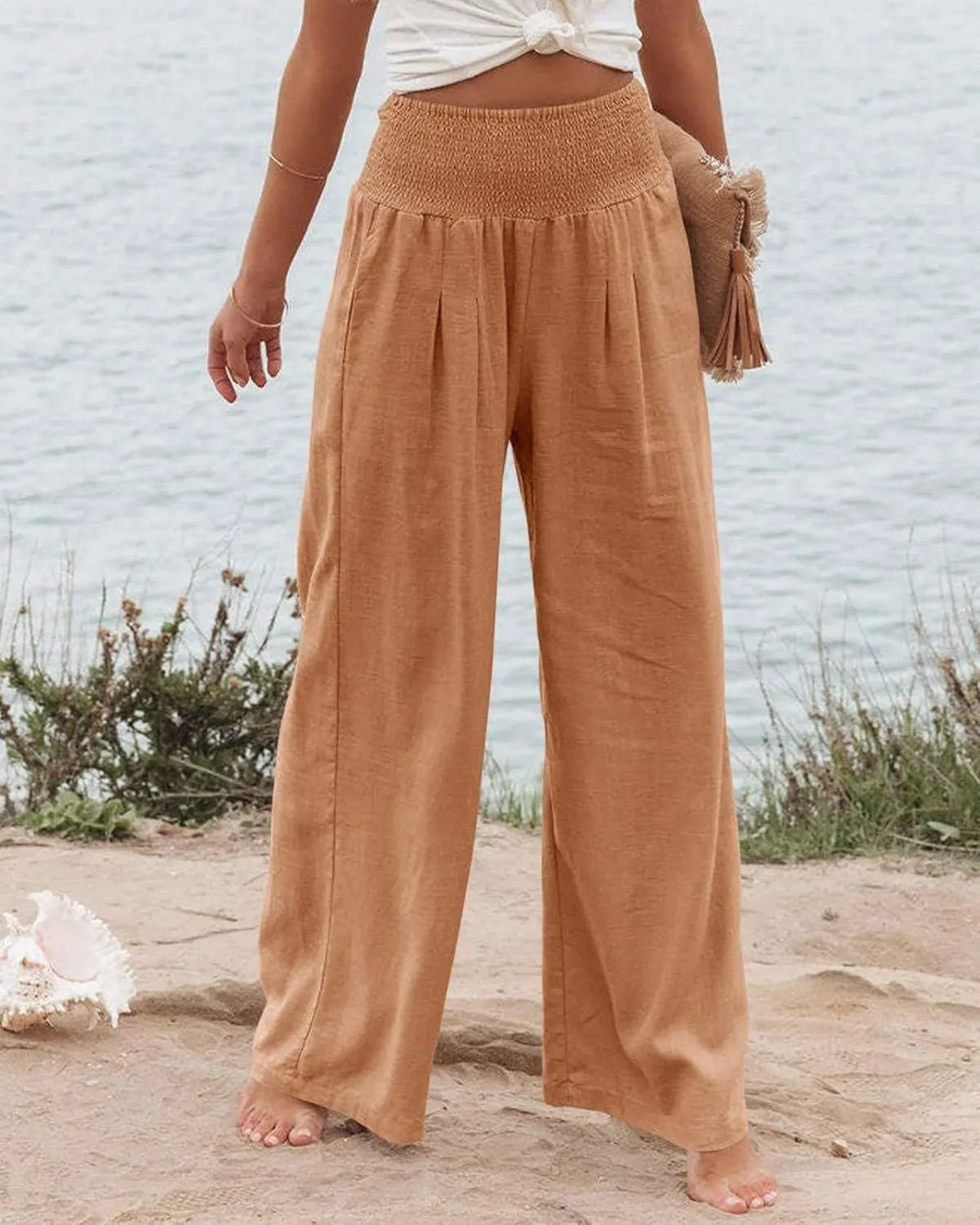 ZWRXW Womens Linen Wide Leg Pants High Waisted Palazzo Lounge Pant 2024 Summer Beach Work Boho Casual Trousers with Pockets