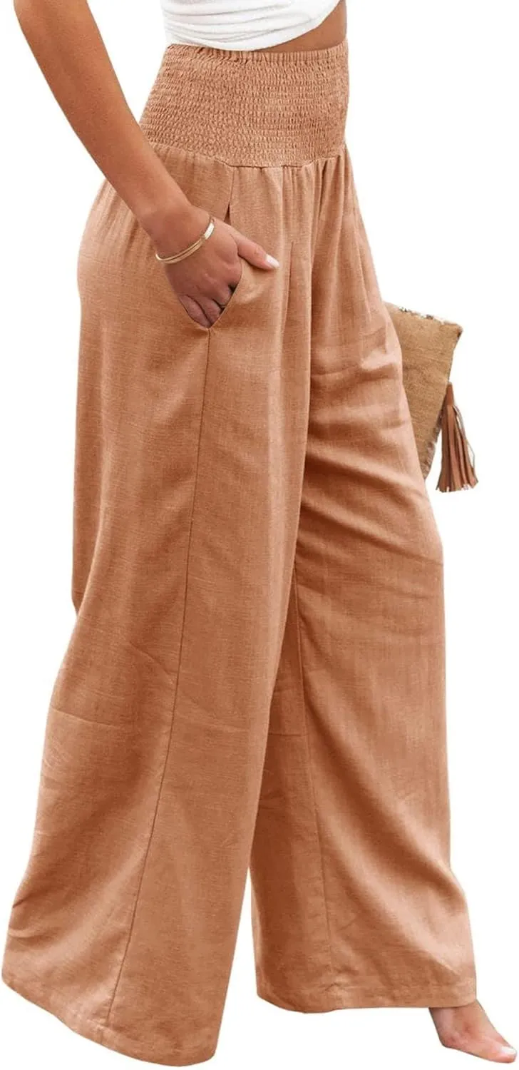 ZWRXW Womens Linen Wide Leg Pants High Waisted Palazzo Lounge Pant 2024 Summer Beach Work Boho Casual Trousers with Pockets